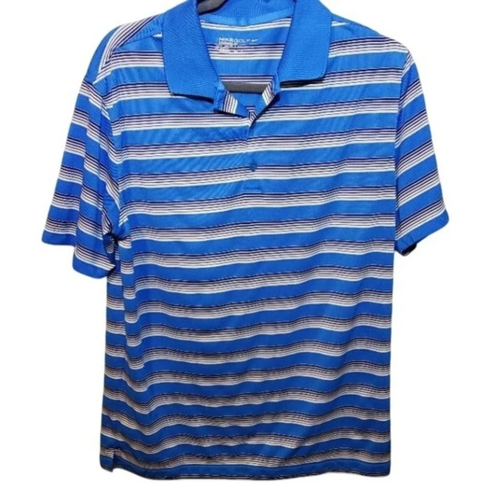 Nike Golf Standard Fit Dri-Fit Blue Stripe Polo‎ Shirt Nike Logo Mens Size M